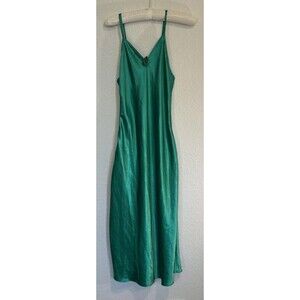 VTG Val Mode Emerald Satin Slip Dress S/M Rose Applique Old Hollywood 90s